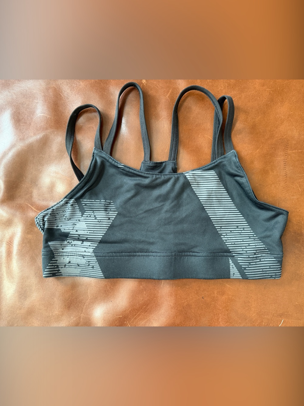oiselle Black Strappy Sports Bra with Gray Graphic Accents
